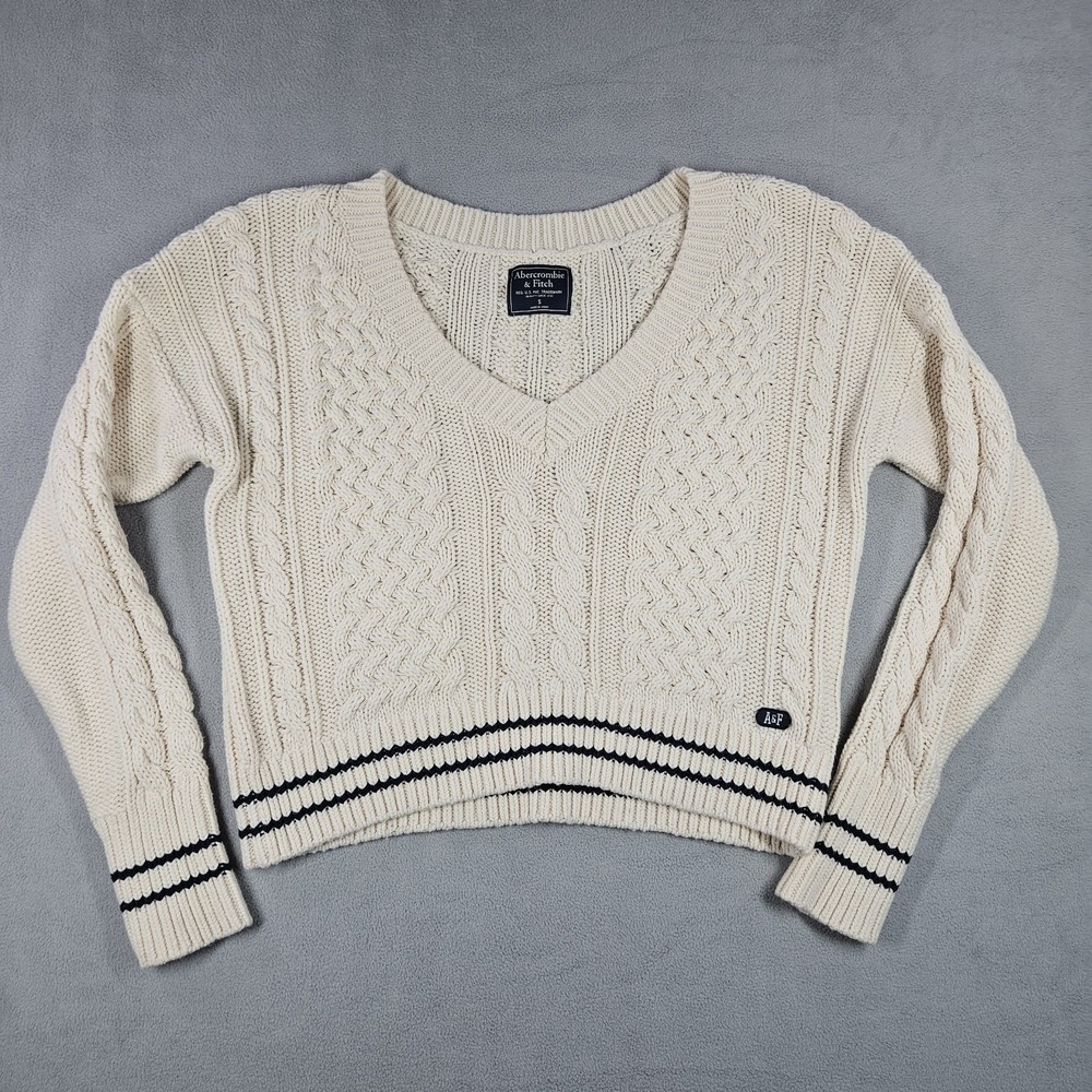 Abercrombie And Fitch Crop Sweater Womens Small Cable Knit V-Neck Varsity Preppy